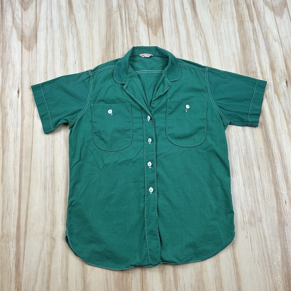 True Vintage 60s 70s Ship N Shore Women's Short Sleeve Button Shirt Green RARE